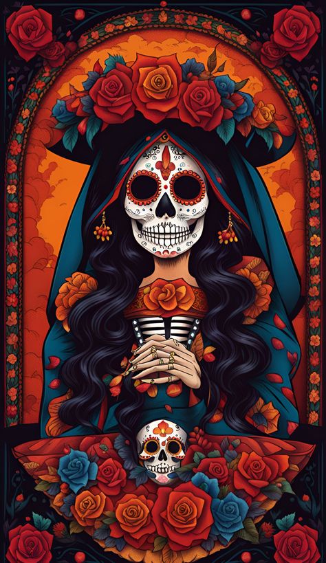 Sugar Skull Painting Ideas, Catrina Wallpaper, Mexican Sugar Skull Art Beautiful, Day Of The Dead Wallpaper, Mexican Art Traditional, Mexican Skull Art, Sugar Skull Painting, Mexico Day Of The Dead, Skull Girl Tattoo