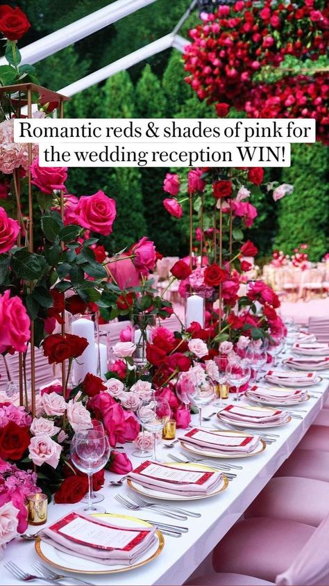 Romantic reds & shades of pink for the wedding reception WIN! in 2022 | Romantic wedding decor, Wedding flowers, Wedding decorations Welcome Dinner Wedding Decor, Fushia Centerpieces Ideas, Rose Garden Party Ideas, Romcom Wedding Theme, Round Flower Arrangements Shape, Hot Pink And Burgundy Wedding, Pink And Red Decor Party, Shades Of Pink Table Setting, Pink Brunch Decorations