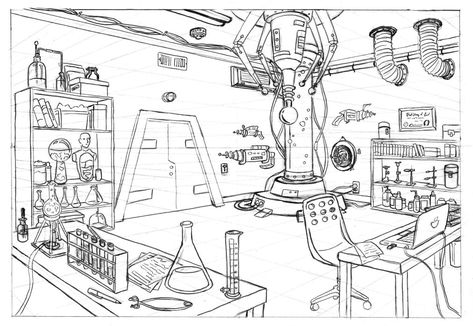 Lab Drawing, Mad Scientist Lab, Labs Art, Perspective Drawing Architecture, Perspective Art, Background Drawing, Scene Design, Science Lab, Animation Background