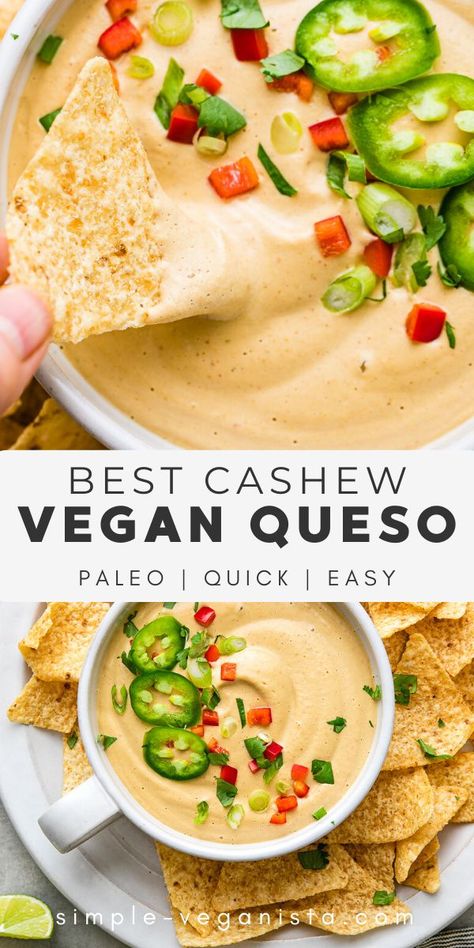 Healthy Vegan Superbowl Snacks, Cashew Queso Recipe, Vegan Dips For Chips, Vegan Cracker Dip, Cashew Queso Dip, Plant Based Queso Dip, Vegan Cheese Dip Easy, Cashew Cheese Dip, Nutritional Yeast Dip