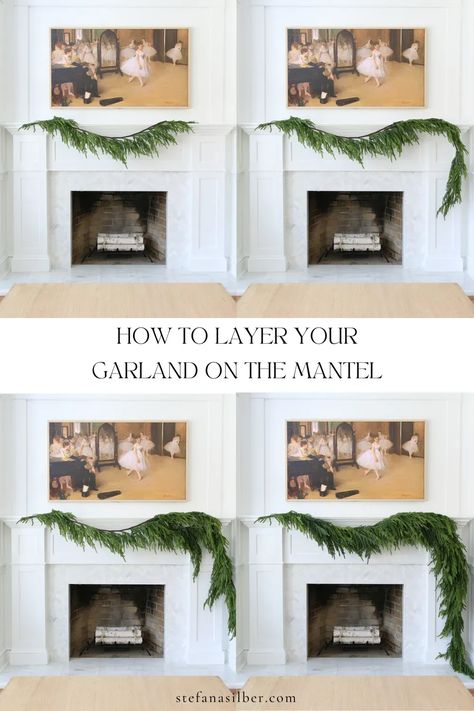 Christmas Mantels Modern, One Sided Garland Mantle, Hang Christmas Garland, Greenery On Mantle Christmas, How To Hang Christmas Garland On A Mantle, Year Round Mantle Garland, Fireplace Mantel For Christmas, Harth Fireplace Christmas Decor, Garland Around Picture Frame