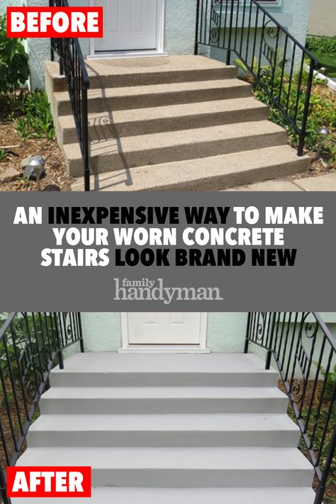 An Inexpensive Way to Make Your Worn Concrete Stairs Look Brand New Concrete Porch Steps Makeover, Concrete Stairs Front Porch, Outdoor Concrete Stairs Ideas, Outdoor Cement Stairs Makeover, Painting Concrete Stairs Exterior, Cement Stairs Makeover Front Porch, Diy Front Porch Concrete Makeover, Front Steps Makeover Concrete, Diy Concrete Steps Makeover