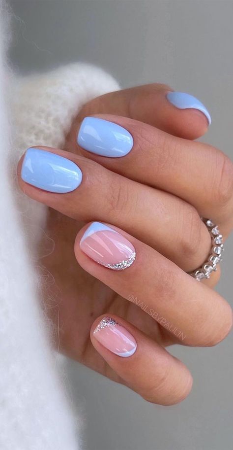 Plain Short Nail Designs, Plain Gel Nail Ideas, Shellac Nail Designs Summer, Simple Baby Blue Nails, Shellac Nail Designs Short, Short Nail Inspiration Simple, Short Shellac Nails Summer, Shellac Nails Ideas, Fun Summer Nails Short