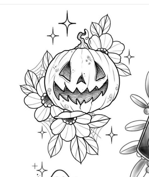 Halloween Pumpkin Tattoo Design, Halloween Tattoo Stencil Outline, Fall Tattoo Black And White, Feminine Ghost Tattoo, Halloween Planchette Tattoo, Cute Jackolantern Tattoo, Halloween Tattoo Designs Drawings, Feminine Witchy Tattoos, Jack O Lantern Tattoo Design