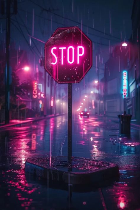 Midjourney AI Image: a stop sign with neon pink lights in a rainy night scenery --ar 2:3 → more in ai-img-gen.com Pink Sign Aesthetic, Lofi Painting, Pink Stop Sign, Neon Pink Lights, Street Photography Aesthetic, Neon Lights Aesthetic, Neon Cyberpunk Aesthetic, Neon Pink Aesthetic, Cyberpunk Vibes