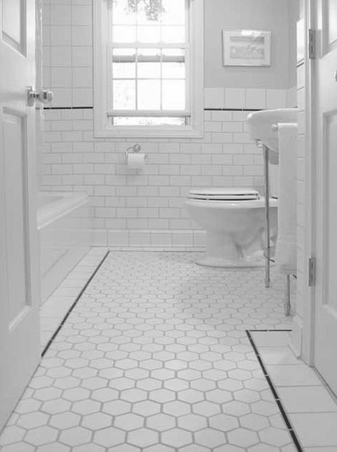 Vintage Bathroom Floor, Black And White Bathroom Floor, Small Bathroom Tiles, Small Bathroom Renovations, White Bathroom Tiles, White Tile Floor, Floor Tile Design, Floor Ideas, Bathroom Tile Designs