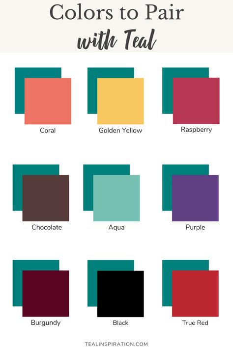 Colors to Pair with Teal Teal Color Combinations Bedroom, Teal Clothing Combination, How To Pair Teal, Teal Shoes Outfit Color Combinations, Colors That Go With Turquoise Outfits, Two Colors Combinations, Colors To Pair With Teal, Teal Colour Dress, 2 Color Outfits