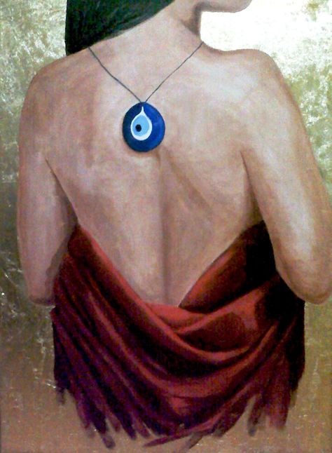 By Niveen Elsisi the girl with the blue evil eye Acrylic on canvas 60x40 Surrealism Painting Easy, Evil Eye Painting Canvases, Evil Eye Icon, Evil Eye Artwork, Evil Eye Painting, Male Gaze, Feminine Spirituality, Ib Art, Spiritual Eyes