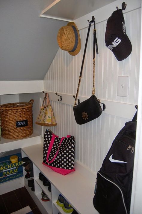 Coat Closet Storage, Closet Under Stairs, Coat Closet Organization, Thrifty Decor Chick, Under Stairs Cupboard, Open Closet, Basement Stairs, Coat Closet, Stair Decor