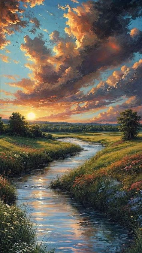 Gavril Poclitar Cloudy Landscape Painting, Landscape Photos Nature Scenery, Peaceful Places Nature, Country Side Painting, Arte Ganesha, Natural Wallpapers, Drawing Borders, Sunset Landscape Photography, Grassy Field