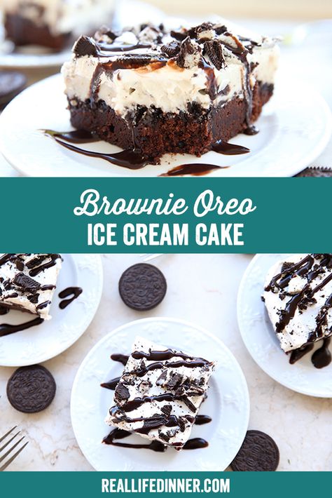 Brownie Oreo Ice Cream Cake ~ https://reallifedinner.com Ice Cream Cake Brownie Base, Oreo Cookie Ice Cream Cake Recipe, Brownie Bottom Ice Cream Cake, Ice Cream Cake With Brownie Base, Ice Cream Cake 9x13 Pan, Brownie Ice Cream Cake Recipe, Cookies N Cream Ice Cream Cake, Diy Oreo Ice Cream Cake, Brownie Ice Cream Desserts