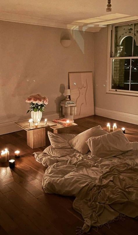 Room With Candles Romantic, Romantic Atmosphere Bedroom, Wedding Night Room Aesthetic, Candle Lit Bedroom Romantic, Candles In Bedroom Romantic, Romantic Home Decor Cozy Living Rooms, Candle Romantic Night, Romantic Floor Date At Home, At Home Massage Date Night