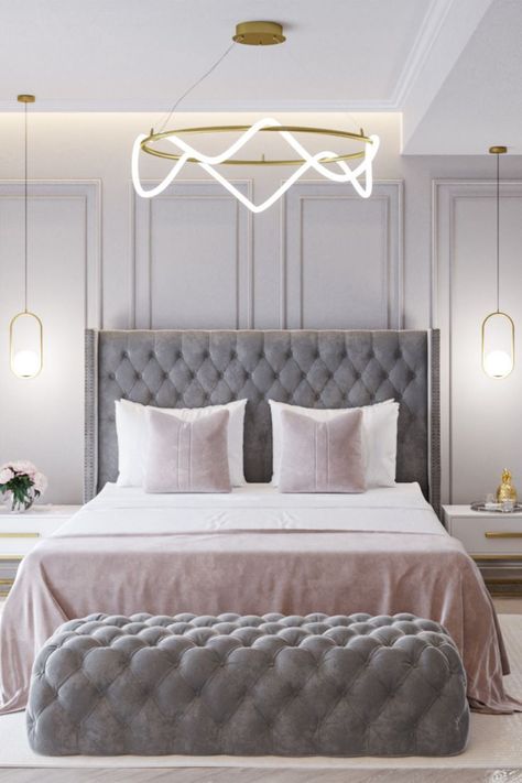 Grey Velvet Bed Bedroom Ideas, Grey Velvet Bedroom Ideas, Gold And Gray Bedroom, Grey Gold Bedroom, Gold Bedroom Design, Grey And Gold Bedroom, Grey Bed Frame, Interiors Inspiration, Gold Bedroom