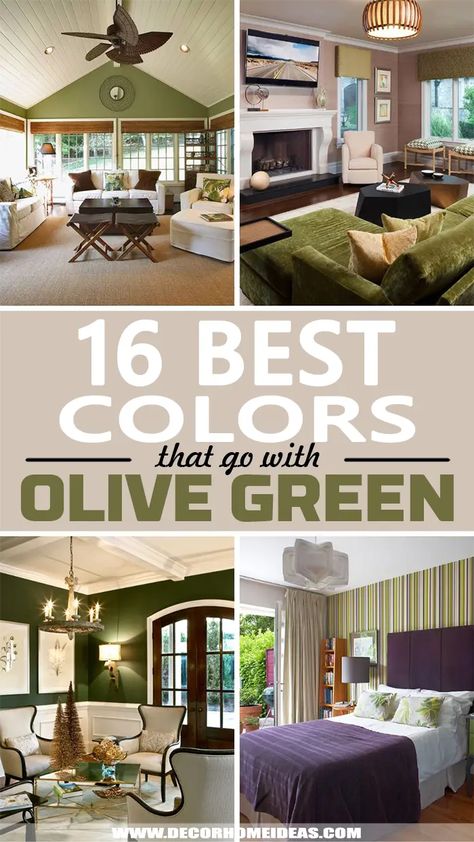 best interior colors that go with olive green Bedroom With Olive Green Walls, Cream Olive Green Living Room, Olive Green Couch Living Room Decor, Olive Decor Living Room, Olive Green Room Color Scheme, Light Olive Green Color Palette, Wall Colors For Green Couch, Olive Colour Living Room, Olive Green And Purple Living Room