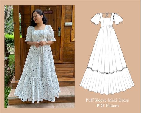 Long Gown Pattern, Maxi Dress Sewing, Sewing Pdf Pattern, Prom Dress Pattern, Puff Sleeve Maxi Dress, Cottage Dress, Gown Pattern, Maxi Dress Pattern, Sewing Design