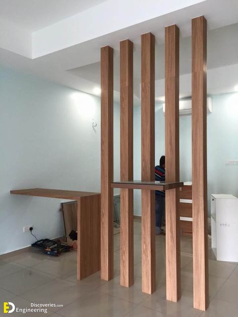 Smart Wall Separator Design Ideas  - Engineering Discoveries House Pillar Design, Separator Design, Partition Shelf, House Pillars, Wall Separator, Wood Partition, Room Divider Ideas, Wooden Partitions, Wooden Pillars