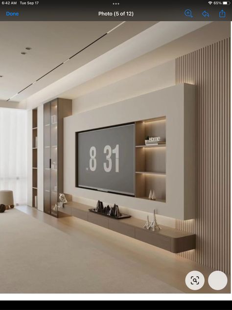 Modern Classic Tv Wall Design, Interior Design For Tv Wall, 2024 Tv Wall Design, Backdrop Tv Design, Big Tv Living Room, Wall Tv Ideas Living Rooms, Warm White Living Room, Big Tv Wall, Backdrop Tv