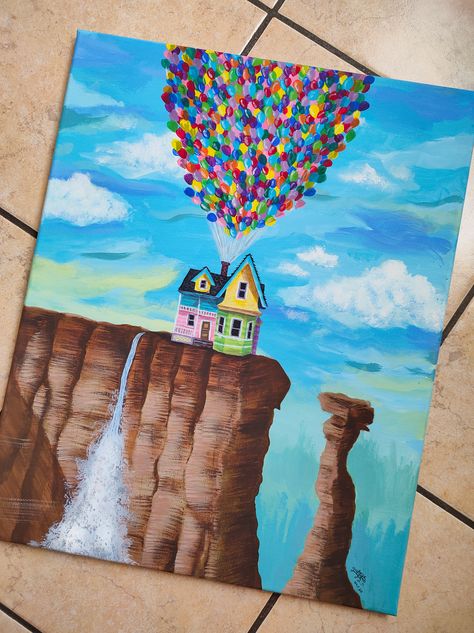 Disney Up Painting, Fun Canvas Art Ideas, Up Disney Painting, Up Disney Drawing, Painting Ideas On Canvas Up Movie, Up Acrylic Painting Disney, Up Painting Ideas, House From Up Painting, Disneyland Painting