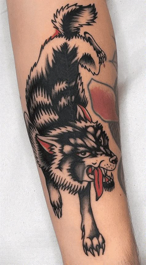 American Traditional Husky Tattoo, Crawling Wolf Tattoo Traditional, Trad Wolf Tattoo, Trad Dog Tattoo, Wolf Types, American Traditional Wolf Tattoo, Wolf Traditional Tattoo, Dragon Age Tattoo, Traditional Dog Tattoo