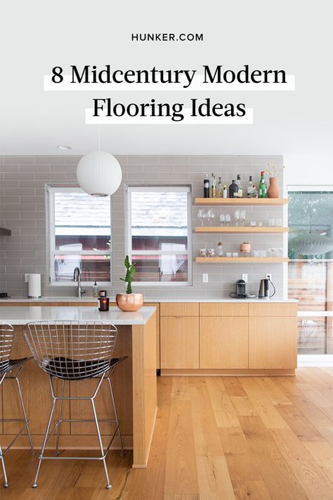 If you're looking to add some midcentury flair to your kitchen, don't forget about the kitchen flooring! Check out some of the best flooring materials you can use in a midcentury modern renovation. #hunkerhome #midcenturymodern #kitchen #kitchenideas #flooring Midcentury Modern Wood Flooring, Midcentury Flooring Ideas, Mid Mod Flooring, Mid Century Wood Flooring, Midcentury Modern Renovations, Mid Century Modern Renovation Interiors, Mid Century Modern Lvp Flooring, Mid Century Modern Kitchen Design Ideas, Mid Century Vinyl Flooring