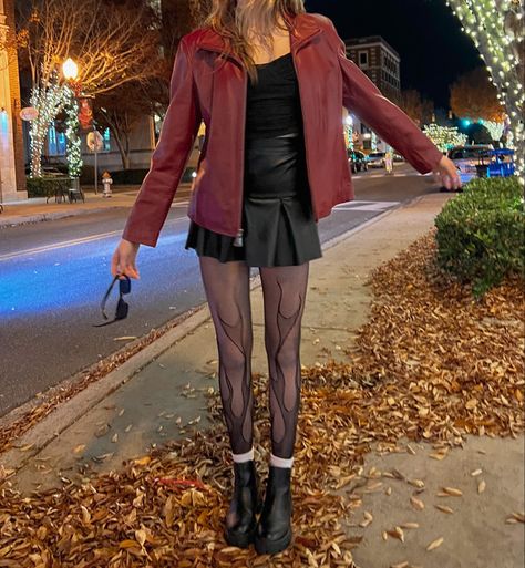 Flame Tights Outfit, Leather Outfit Inspiration, Autumn Outfits Red Leather Jacket, Red Dress And Jacket Outfit, Petite Leather Jacket Outfit, Red Outfit Concert Ideas, Flame Outfit Aesthetic, Leather Jacket On Dress, Fall Rockstar Outfit