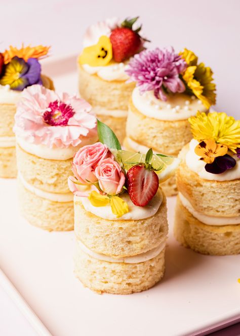 How to Make Mini Cakes - Style Sweet Dessert With Flowers, Mini Celebration Cakes, Tiny Cakes Ideas Mini Desserts, Small Flower Cake Ideas, Spring Mini Cakes, Small Cakes To Sell, Mini Cake Centerpieces Wedding, Summer Mini Cakes, Mini Tiered Cakes