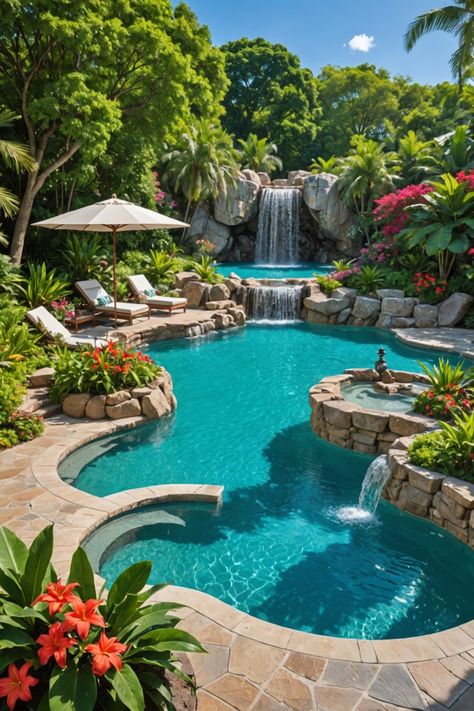 20 Around Pool Tropical Garden Design Ideas - Toolz Geek Garden Design With Swimming Pool, Natural Style Swimming Pool, Modern Pool Design With Waterfall, Insane Pools Luxury, Lush Pool Landscaping, Backyard Beach Pool, Indoor Pool Garden, Nature Pool Backyard, Swimming Pool Ideas Backyard