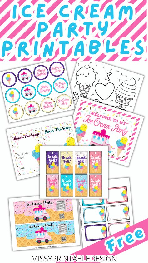 Ice Cream Party Ideas + Free Printables - MissyPrintableDesign Ice Cream Party Printables Free, Ice Cream Numbers Free Printable, Ice Cream Bar Sign Printable Free, Ice Cream Shop Free Printables, Ice Cream Float Bar, Ice Cream Party Ideas, Ice Cream Printable, Ice Cream Plating, Labels Free Printable