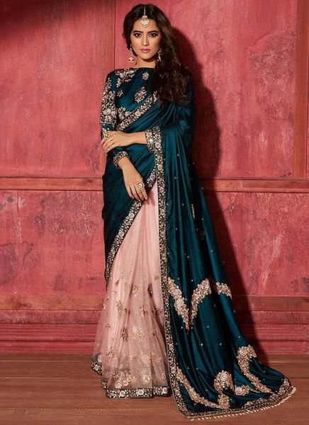 Teal and Light Pink Embroidered Saree   – Lashkaraa Sari Traditional Indian, Royal Look Indian Dress, Royal Saree Look For Wedding, India Sari Dress, Indian Sari Dress Modern, Indian Sari Dress Traditional, Sari Colors, Sari Dress Wedding, Indian Designer Sarees Wedding