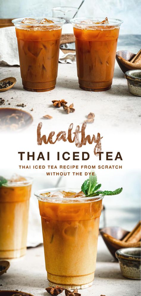 This sweet and creamy Thai Tea Recipe from Scratch is a decadent chilly caffeinated drink recipe without the harmful dyes. Sip this beautiful beverage with a bold ombre orange color to cool off or cool down when eating spicy Thai foods. #HealthyThaiIcedTea #ThaiIcedTeaRecipe #EasyThaiIcedTea Barista Tea Recipes, Tropical Tea Recipe, How To Make Thai Tea At Home, Thai Tea Recipe Easy, Healthy Thai Tea Recipe, Iced Tea Flavors, Thai Tea Recipe Authentic, Unique Tea Recipes, Thai Green Tea Recipes