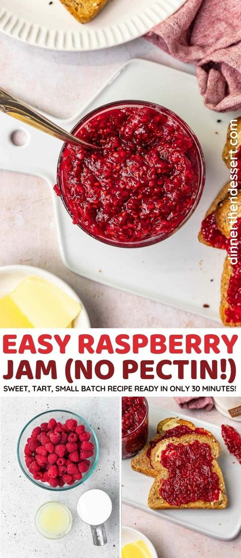 Easy Raspberry Jam recipe for homemade preserves with no added pectin! Small-batch jam made with fresh raspberries, sugar and lemon juice. Frozen Raspberry Jam Recipe, Jam Recipes No Pectin, Raspberry Jam No Pectin, Easy Raspberry Jam, Raspberry Freezer Jam, Easy Jam Recipe, Fruit Jam Recipes, Homemade Preserves, Homemade Raspberry Jam