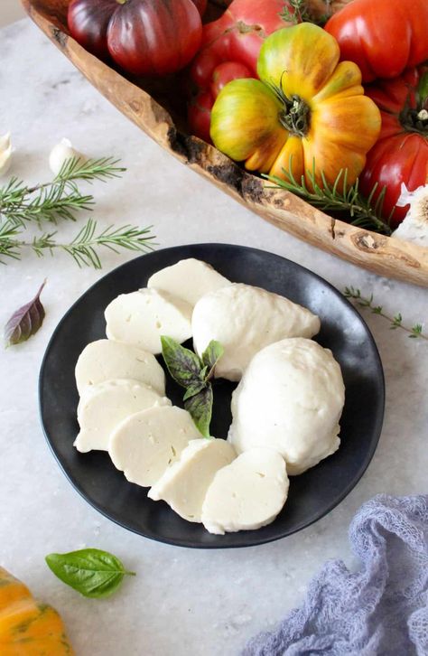 Dairy Free Feta Cheese, Dairy Free Cheese Board, How To Make Dairy Free Cheese, Homemade Vegan Mozzarella Cheese, Homemade Dairy Free Cheese, Vegan Aged Cheese, Dairy Free Mozzarella Cheese, Diy Dairy Free Cheese, Miyokos Mozzarella Recipes