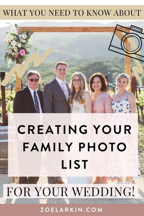 How to create a family photo list for your wedding day! It's hard to know where to begin with compiling a list of all the groupings you want. Your photographer will ask you for this list in advance, so it's another thing to plan before the wedding day. If you don't know where to start, let me help you! This complete guide will take you through how to start with a simple, basic list for creating your family groupings. #bayareawedding #weddingphotography #weddingplanning | Zoe Larkin Photography Wedding Photo Family List, Picture List For Wedding Photography, List Of Family Photos For Wedding, Wedding Photo Groups List, Family Photo List For Wedding, Wedding Pictures List For Photographer, List Of Must Have Wedding Photos, List Of Photos To Take On Wedding Day, Wedding Shot List Family