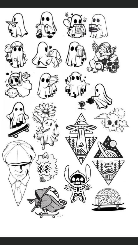 Flash Art Tattoos, Tato Flash, Tato Minimal, Ghost Tattoo, Flash Tattoo Designs, Tattoo Flash Sheet, Spooky Tattoos, Cute Little Tattoos, Drawings Ideas