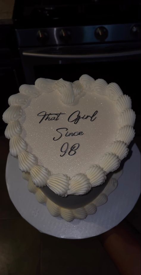 Cute Classy Birthday Cakes, Cake Combinations Ideas, Unique Birthday Picture Ideas, That Girl Since 98 Cake, That Girl Since Cake, White Love Heart Cake, Fun Bday Cakes, Sag Szn Birthday Cake, White Heart Cake With Glitter