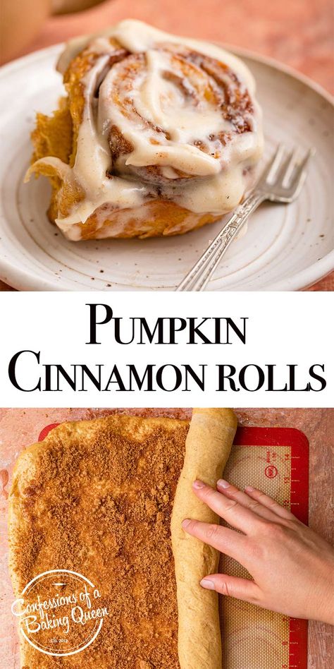 Pumpkin Cinnamon Roll Recipe, Pumpkin Spice Baking Recipes, Pumpkin Spice Breakfast Recipes, Fall Cinnamon Rolls Recipe, Pumpkin Recipes From Real Pumpkin, Fall Baked Desserts, Halloween Fall Recipes, Pumpkin Cimmamon Rolls, Cinnamon Pumpkin Rolls