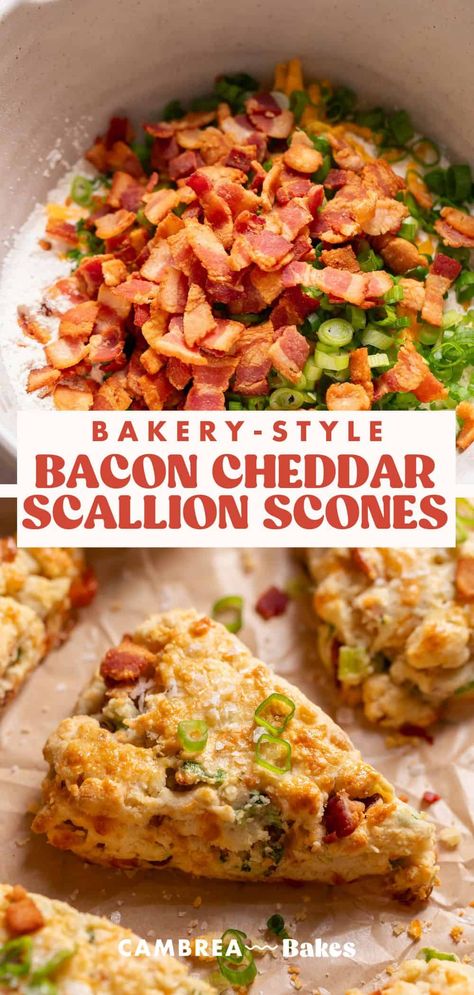 These flaky and tender savory scones are stuffed with cheddar cheese, crispy bacon, and fresh scallions. Perfect for breakfast or brunch, they're ready to eat in less than 1 hour! Cheese And Bacon Scones Recipe, Bacon Scones Cheddar, Hand Breakfast Ideas, Bacon Cheddar Chive Scones, Savory Egg Breakfast, Appetizer Recipes Breakfast, Baking Scones Aesthetic, Bacon And Cheese Scones, Bacon Cheddar Scones Recipes