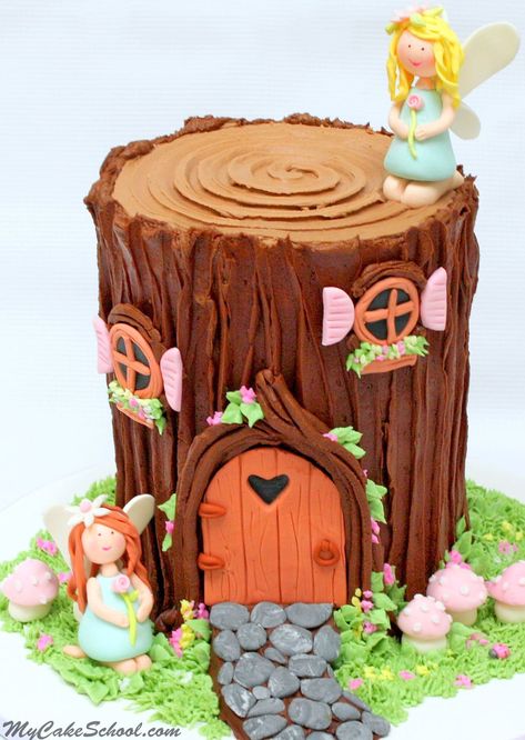 Tree Stump Cake Tutorial, Stump Cake Tutorial, Fairy House Tree Stump, Fairy Tree Stump, Tree Stump House, Fairy House Cake, Stump House, Stump Cake, Tree Stump Cake