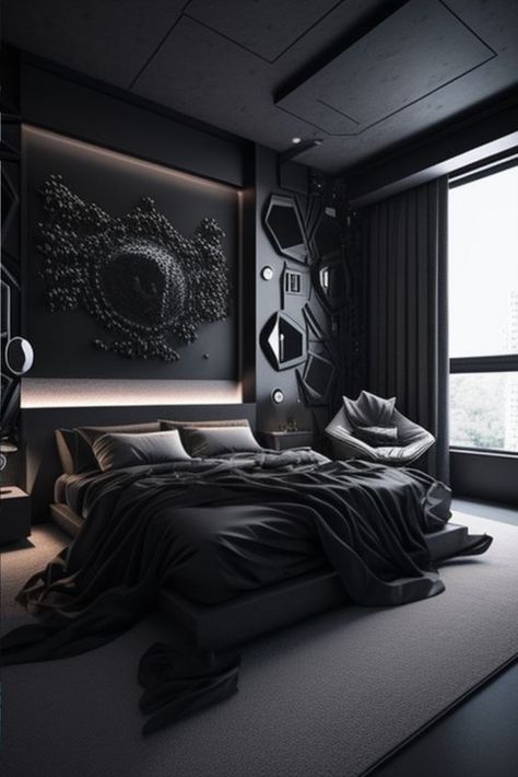 All Black Bedroom, Black Bedroom Design, Black Bedroom Decor, Masculine Bedroom, Black Rooms, Sleep Sanctuary, Mens Bedroom, Black Bedroom, Bedroom Black