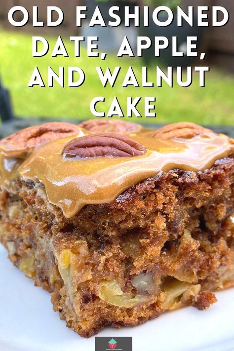 Old Fashioned Date, Apple, and Walnut Cake. This old-fashioned date, apple, and walnut cake is easy to make, moist, and loaded with apple and dates keeping it sweet and soft. The walnuts add a great texture and crunch. Salted caramel frosting adds a perfect finish to this delicious cake. Date Cake Bars, Date And Apple Cake, Date And Walnut Slice, Apple And Walnut Cake Recipe, Date Apple Cake, 8 X 8 Desserts, Apple Date And Walnut Cake, Dates Walnut Cake Recipe, Apple Date Cake