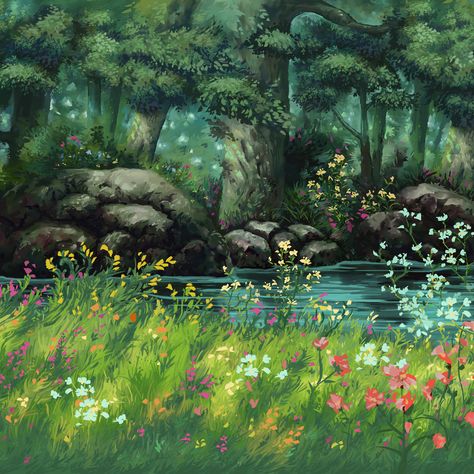 Studio Ghibli Nature Scenes, Studio Ghibli Background Art, Studio Ghibli Flower Field, Ghibli Scenes Landscapes, Ghibli Nature Aesthetic, Ghibi Scene Aesthetic, Ghibli Square Picture, Anime Scenery Ghibli, Scenery Ghibli