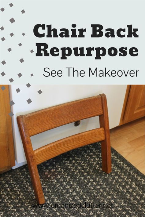 This chair back is repurposed as a fun piece of farmhouse style kitchen decor! See the makeover here. Repurposed Chair Back, Repurpose Kitchen Chairs, Old Chairs Repurposed Diy Projects, Repurposed Items Upcycling, Repurposed Chairs, Wood Kitchen Chair, Diy Chairs, Farmhouse Style Kitchen Decor, Wooden Kitchen Chairs