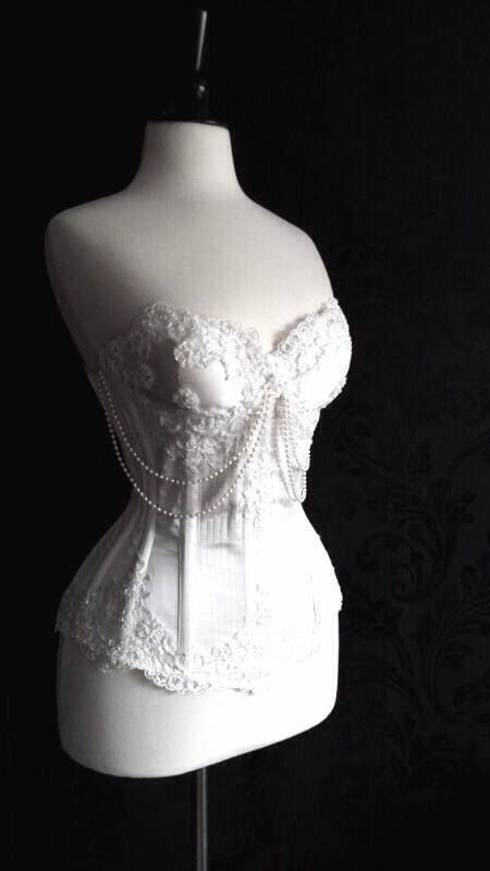 white lace corset by elisabetharmstrong.co.uk White Corset Aesthetic, Goth White Wedding Dress, Corset Outfit White, Gothic White Dress, Gothic Wedding Dress White, White Lace Aesthetic, Corset With Pearls, White Gothic Wedding Dress, Back Of Corset