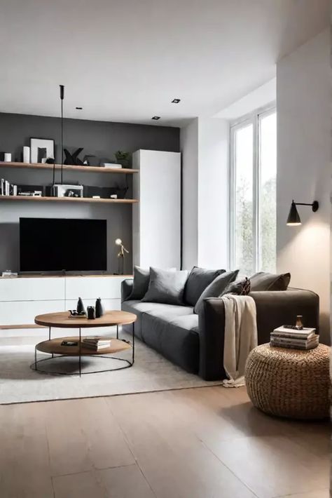 A Scandinavian living room with a sleek minimalist TV unit and hidden Minimalist Tv Unit, Modern Apartment Furniture, Minimalist Scandinavian Living Room, Modern Scandinavian Living Room, Scandinavian Livingroom, Scandi Living Room, Scandinavian Living Room, Dark Modern, Modern Living Room Interior