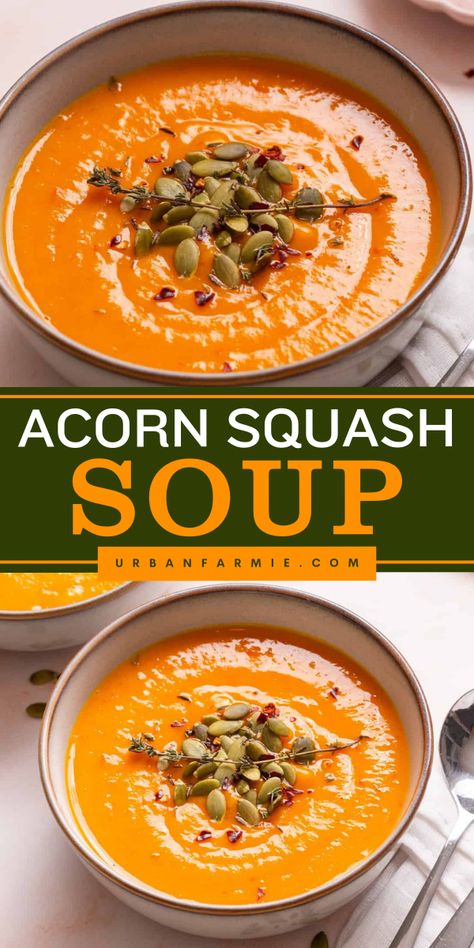 Warm your chilly days with this fall soup recipe! This Acorn Squash Soup recipe features a hearty and filling soup with acorn squash, red peppers, and flavorful spices. Serve it with crusty French bread for a fall comfort food for dinner! Squash Leek Recipes, Leftover Acorn Squash, Fall Time Soups, Recipe With Acorn Squash, Clean Eating Soup Recipes Healthy, Squash Soup Acorn, Pepper Squash Soup, A Corn Squash, Canning Acorn Squash Recipes