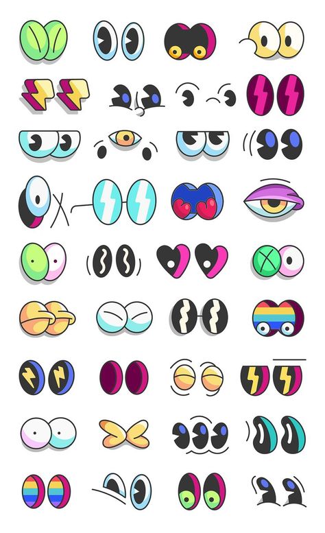 2d Cartoon Eyes Collection, Cartoon Face Illustration, Vector Drawing Cartoon Eyes And Mouth, Different Ways To Draw Eyes Cartoon, Grafitti Character Cartoon Characters, Cartoon Art Design, Graffiti Faces Cartoon, Graffity Character Cartoons, Cartoon Graffiti Characters, Cartoon Styles Drawing, Graphic Cartoon Design