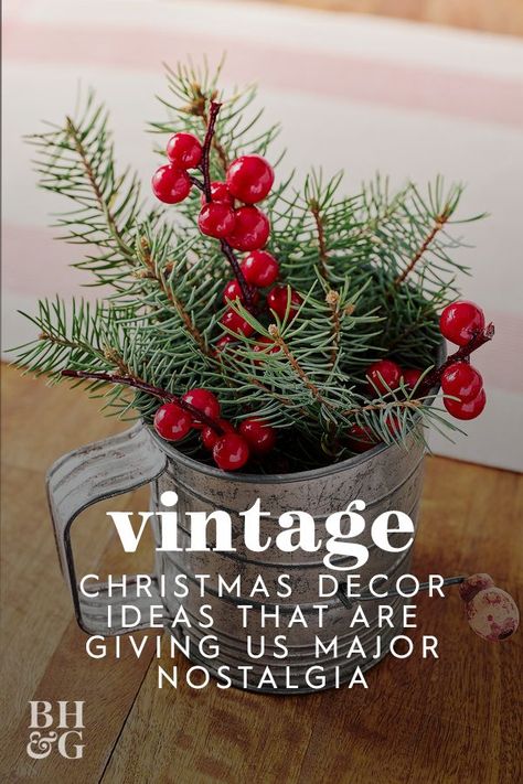 Christmas Gathering Table Decor, Decorating With Vintage Christmas Ornaments, Old Fashioned Christmas Centerpieces, Vintage Christmas Arrangements, Vintage Christmas Decorations Ideas, Vintage Tins Repurposed, Vintage Christmas Centerpieces For Table, Decorating With Antiques For Christmas, Flea Market Christmas Decor