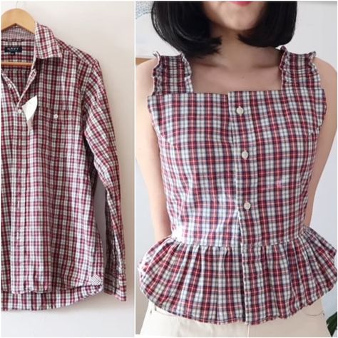 Turning Mens Shirts Into Womens Shirt, Upcycling Ideas Clothes Inspiration, Button Shirt Upcycle, Diy Old Shirts Upcycling, Recycle Old T Shirts, Reuse Old Tshirt, Recycle Clothes Ideas, Stiching Ideas Top, Shirt Recycle Ideas