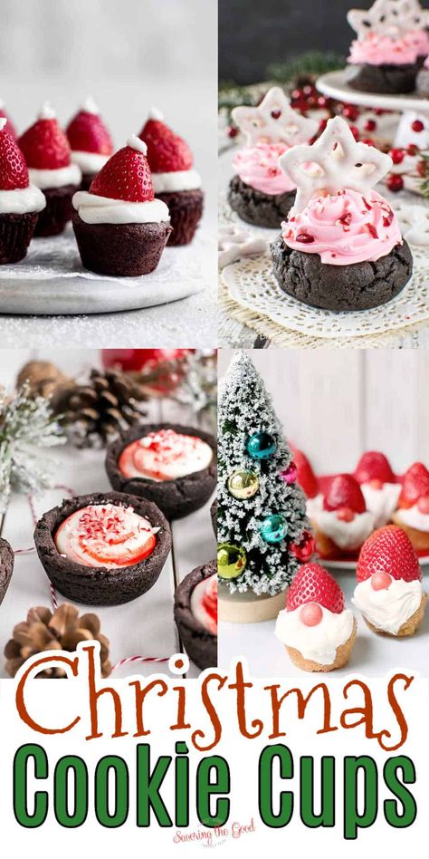 Mini Cookie Cup Desserts, Christmas Mini Muffin Tin Recipes, Holiday Sugar Cookie Cups, Dessert In Mini Muffin Tin, Cookie Cup Recipes Muffin Tins, Christmas Cookie Cups Recipes, Christmas Cookie Bites, Mini Muffin Pan Cookies, Cookie Cups With Premade Dough