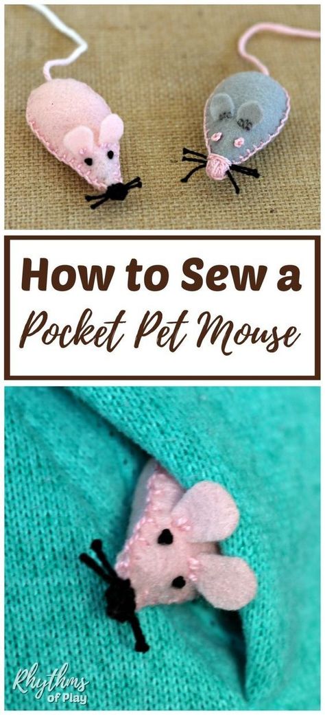 Sew a pocket pet mouse softie with the kids as a beginning sewing project! Contains free printable pattern. A pet mouse makes a great lovey or comfort object to send children back to school. An easy handmade gift idea kids can make and cats love filled with catnip too! Beginning Sewing, Pet Mouse, Easy Handmade Gifts, Pocket Pet, Pet Mice, Beginner Sewing Projects Easy, Felt Mouse, Sewing Projects For Kids, Leftover Fabric